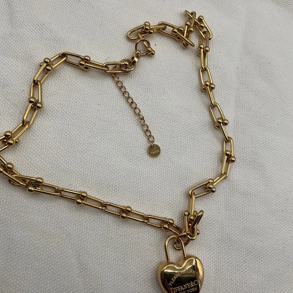 Gold Heart Padlock Link Necklace with Ball-Accented Chain
